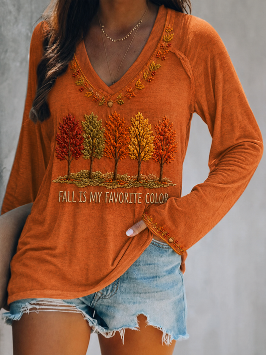 Women's Fall Is My Favorite Color Double Layer Neck Long Sleeve T-Shirt