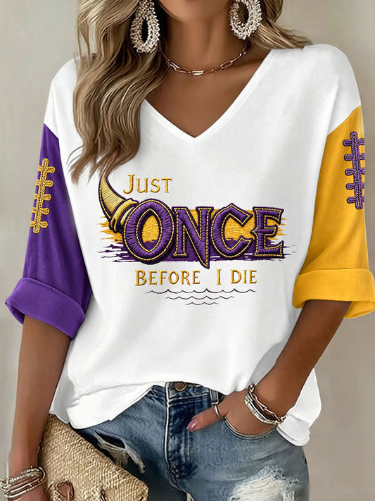 Women's Just Once Before I Die Football Print Mid-length Sleeves V-Neck T-Shirt