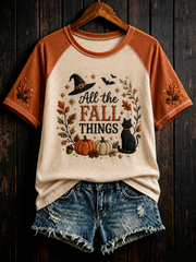 Women's All the FALL THINGS Printed round neck short sleeve T-shirt