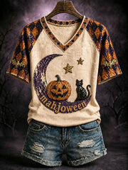 Women's Halloween Black Cat Mahjong V-Neck T-Shirts
