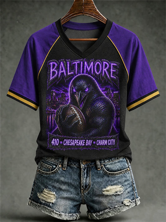 Women's Football Fan Print V-neck T-shirt