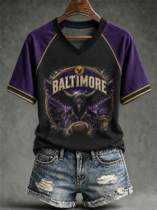 Women's Football Fan Print V-neck T-shirt