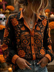 Women's Day of the Dead Sugar Skull Marigolds Mexican Floral Print Linen Shirt