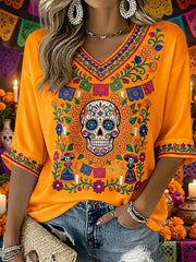 Women's  Day of the Dead Sugar Skull Mexican Floral Print Mid-length Sleeves V-Neck T-Shirt