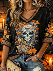 Women's Day of the Dead Plant And Flower Pattern Printed Casual Mid-length Sleeves V-Neck T-Shirt