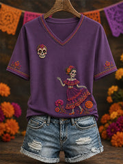 Women's Mexico Day of The Dead Art Print Casual V-Neck Tee