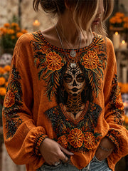 Women's Day of the Dead Sugar Skull Marigolds Mexican Floral Print Cotton-Linen Shirt