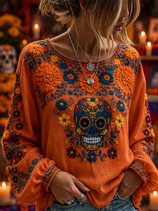 Women's Day of the Dead Sugar Skull Marigolds Mexican Floral Print Cotton-Linen Shirt