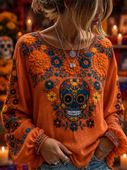 Women's Day of the Dead Sugar Skull Marigolds Mexican Floral Print Cotton-Linen Shirt