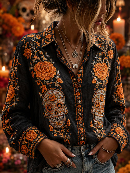 Women's Day of the Dead Sugar Skull Marigolds Mexican Floral Print Linen Shirt