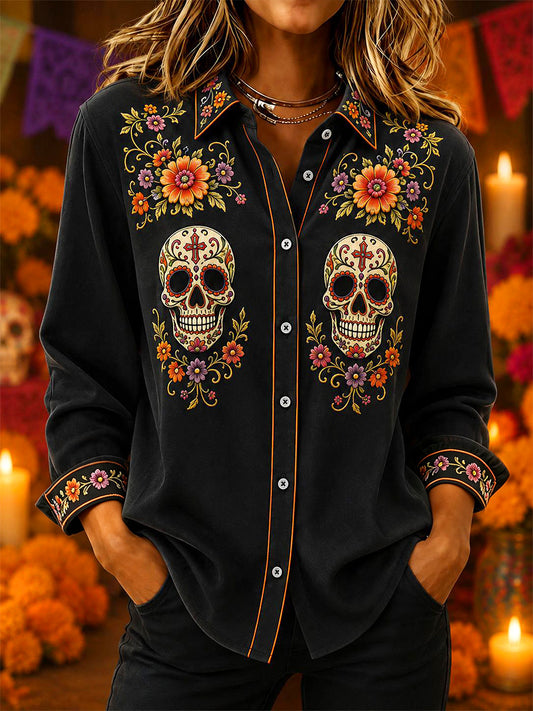 Women's Mexico Day of The Dead Art Print Casual Long-Sleeve Shirt