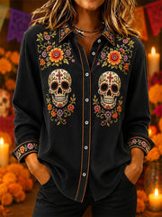 Women's Mexico Day of The Dead Art Print Casual Long-Sleeve Shirt
