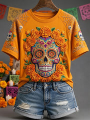 Women's Day of the Dead Sugar Skull Mexican Floral Print Short Sleeve T-shirt