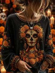 Women's Day of the Dead Sugar Skull Marigolds Mexican Floral Print Cotton-Linen Shirt