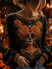 Women's Day of the Dead Sugar Skull Marigolds Mexican Floral Print Cotton-Linen Shirt