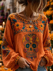 Women's Day of the Dead Sugar Skull Marigolds Mexican Floral Print Cotton-Linen Shirt