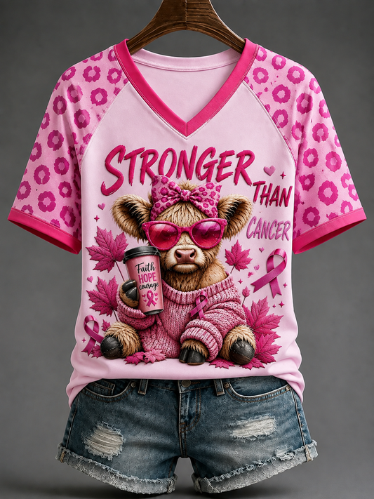 Women's Stronger Than Cancer V-neck Off-shoulder Short-sleeved T-shirt