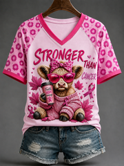 Women's Stronger Than Cancer V-neck Off-shoulder Short-sleeved T-shirt