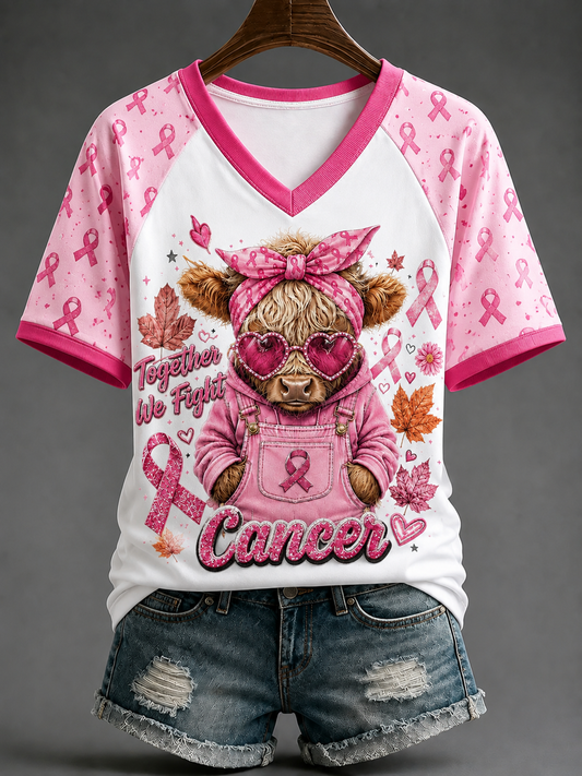 Women's Together We Fight Cancer V-neck Off-shoulder Short-sleeved T-shirt