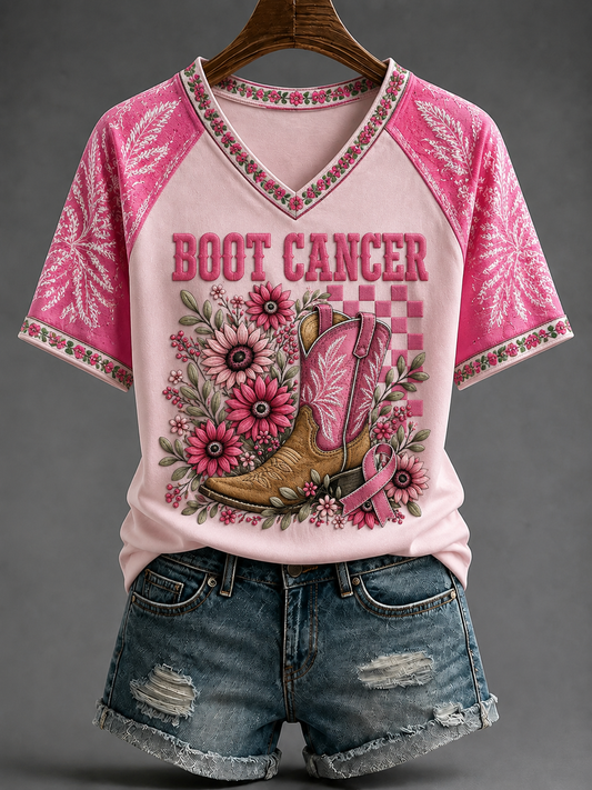 Women's Boot Cancer V-neck Off-shoulder Short-sleeved T-shirt