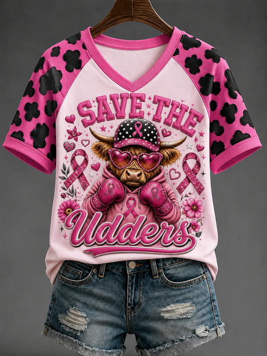 Women's Save The Udders V-neck Off-shoulder Short-sleeved T-shirt