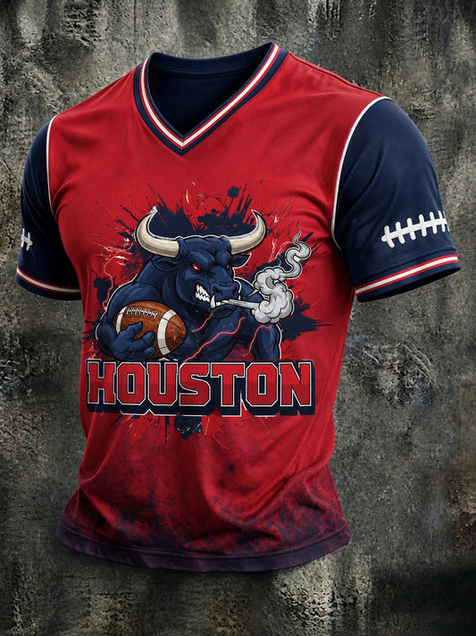 Men's Football Printed V-neck T-shirt