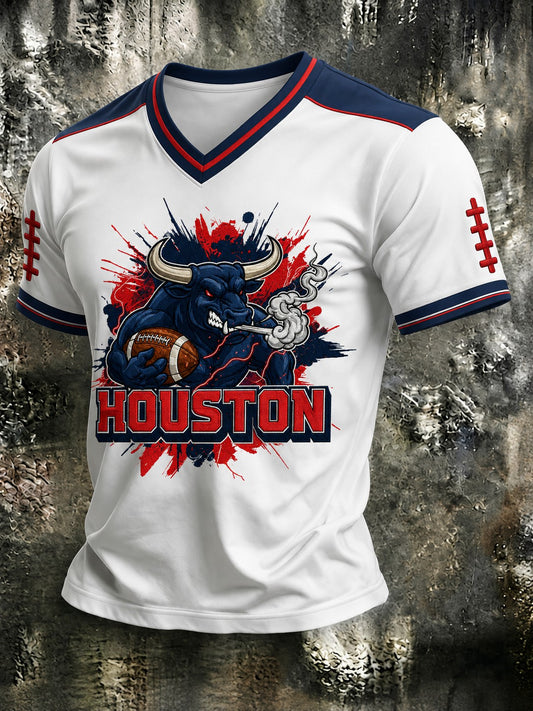 Men's Football Printed V-neck T-shirt