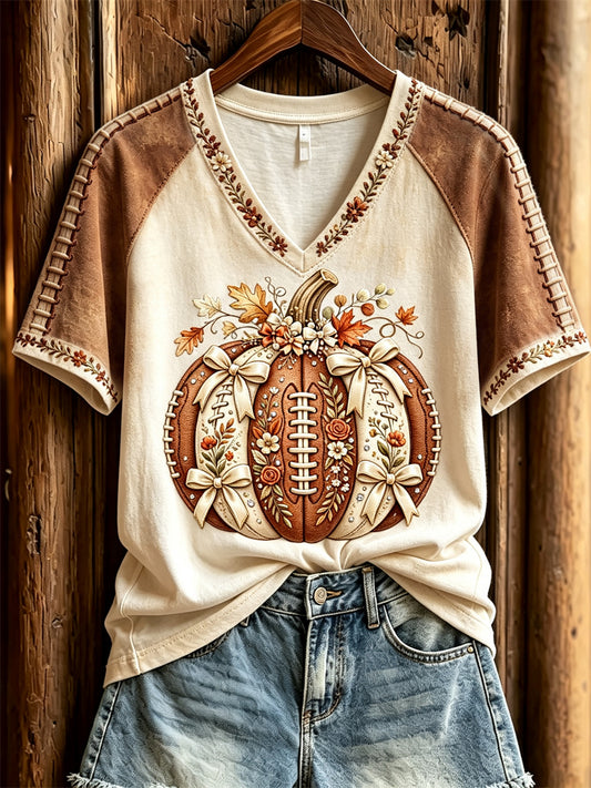Women's Football Inspired Fall Pumpkin Floral Print short-sleeved T-shirt