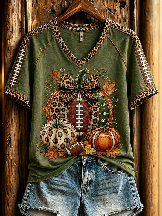 Women's Football Inspired Fall Pumpkin Print short-sleeved T-shirt