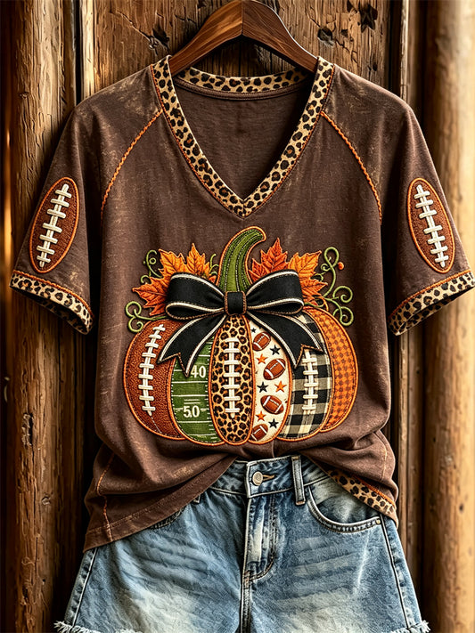 Women's Football Inspired Fall Pumpkin Print short-sleeved T-shirt