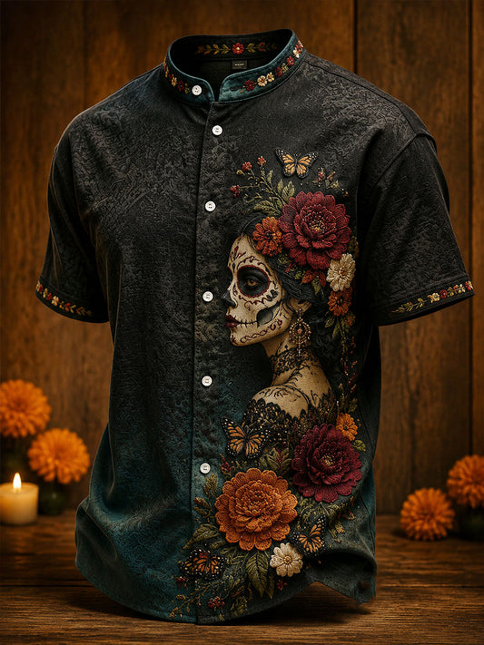 Men's Mexico Day of The Dead Floral Art Printed Linen Shirt