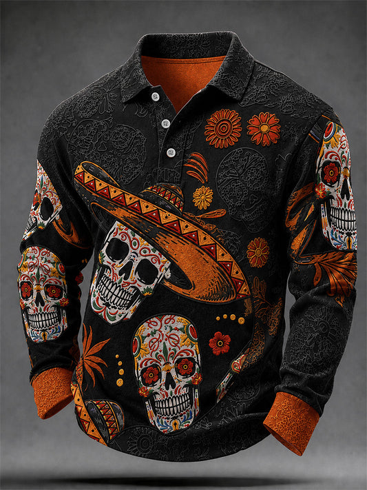 Men's Mexico Day of The Dead Art Print Casual Long Sleeve Polo