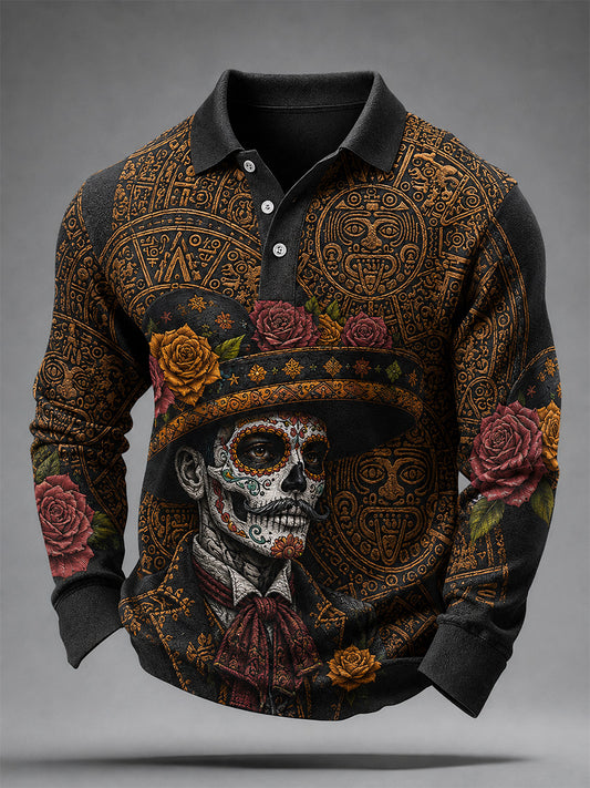 Men's Mexico Day of The Dead Art Print Casual Long Sleeve Polo