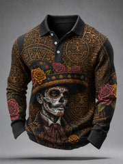Men's Mexico Day of The Dead Art Print Casual Long Sleeve Polo