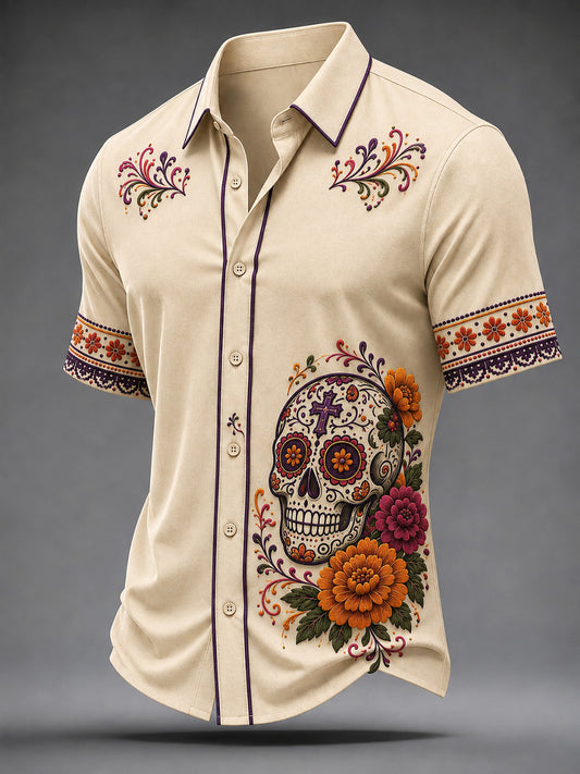 Men's Mexico Day of The Dead Art Print Casual Shirt