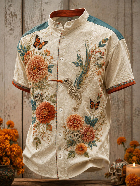 Men's Mexico Day of The Dead Floral Art Printed Linen Shirt