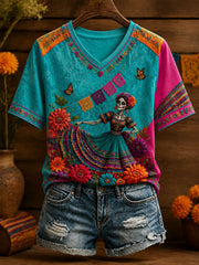 Women's Mexico Day of The Dead Floral Art Printed T-shirt