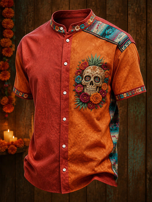 Men's Mexico Day of The Dead Floral Art Printed Linen Shirt