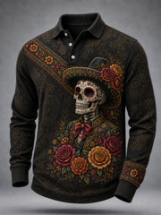 Men's Mexico Day of The Dead Art Print Casual Long Sleeve Polo