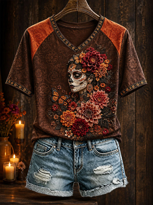 Women's Mexico Day of The Dead Floral Art Printed T-shirt
