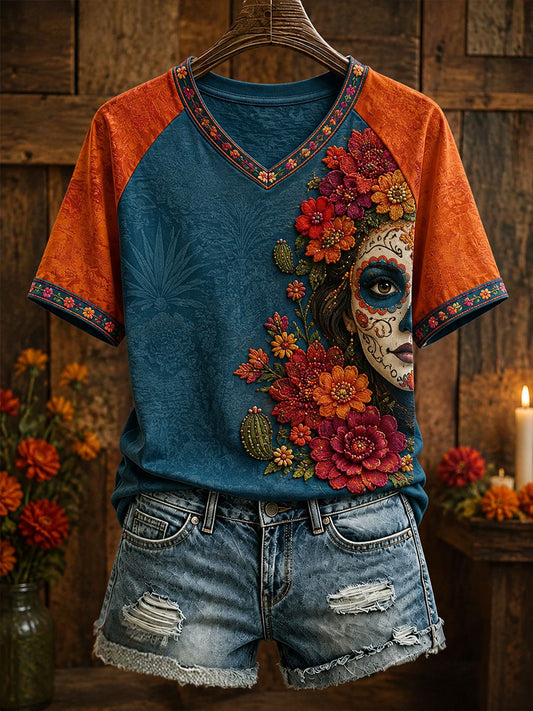 Women's Mexico Day of The Dead Floral Art Printed T-shirt