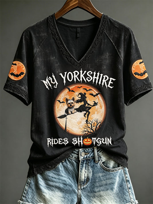 Women's My Yorkshire Rides Shotgun Halloween Dog Mom Witch Print short-sleeved T-shirt