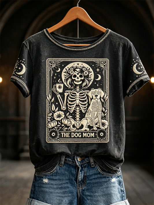 Women's The Dog Mom Skeleton Halloween Mystical Art Print short-sleeved T-shirt