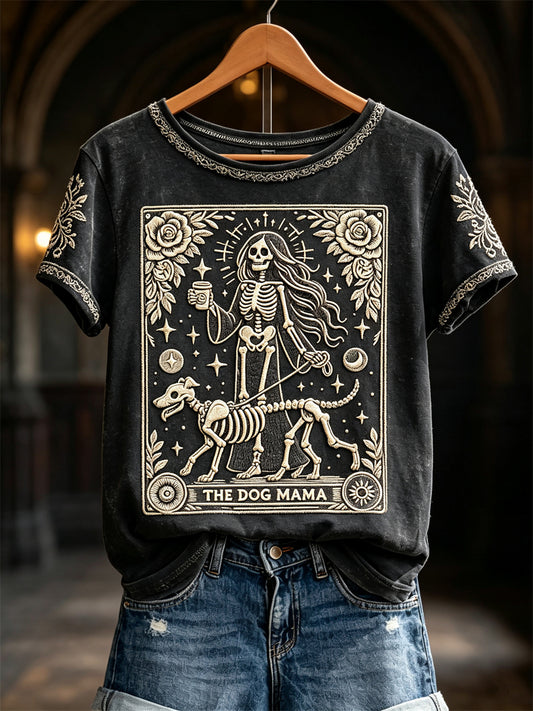 Women's The Dog Mama Skeleton Halloween Mystical Art Print short-sleeved T-shirt