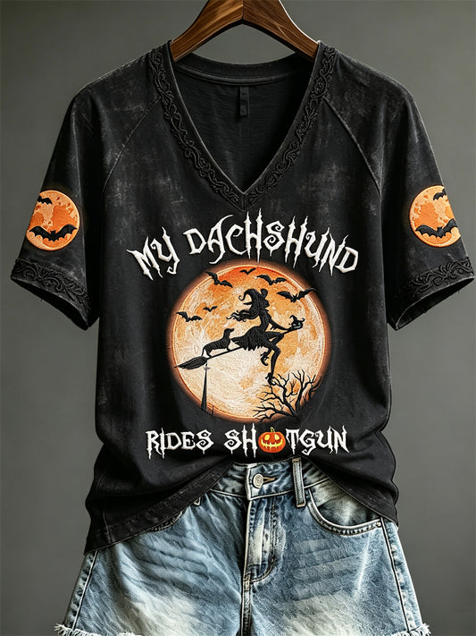 Women's My Dachshund Rides Shotgun Halloween Dog Mom Witch Print short-sleeved T-shirt