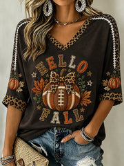 Women's Autumn Pumpkin Pattern Casual  Mid-length Sleeves V-Neck T-Shirt