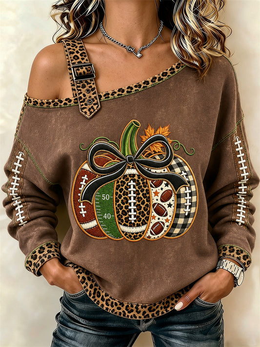 Women's Vintage Football Inspired Fall Pumpkin Leopard Print Off-Shoulder Sweatshirt