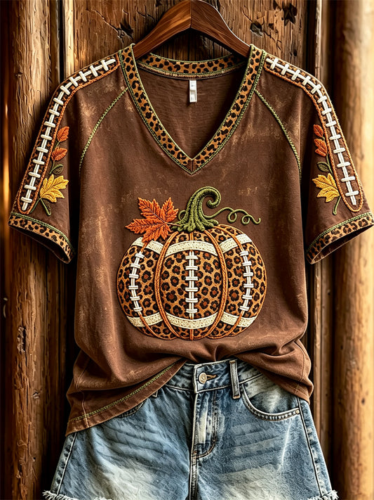 Women's Football Inspired Fall Pumpkin Leopard Print short-sleeved T-shirt