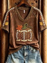 Women's Football Inspired Fall Pumpkin Leopard Print short-sleeved T-shirt