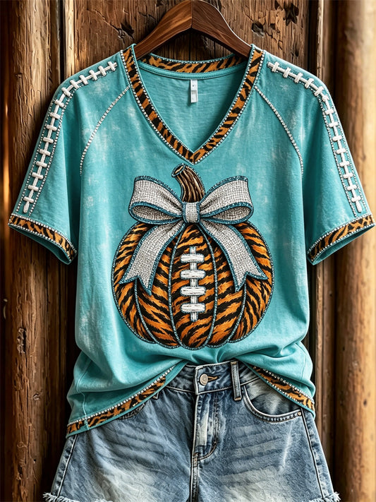 Women's Football Inspired Fall Pumpkin Tiger Stripes Print short-sleeved T-shirt